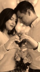 Couple making heart shape with hands during romantic moment
