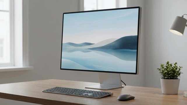 A modern minimalist workspace featuring a desktop computer on a wooden desk, illuminated by a desk lamp. Includes a small green plant and a scenic