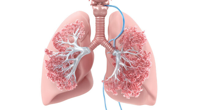 Medical 3d rendering of inflamed human upper respiratory system showing airway obstruction, highlighting trachea and lungs, on transparent background