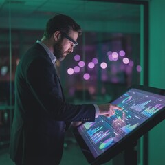 Professional examines data on touch screen in office at night