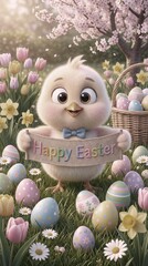Cute chick holds Happy Easter sign among colorful eggs and flowers