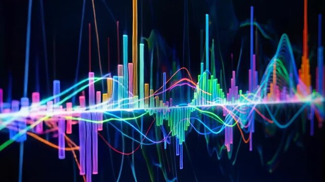 Abstract digital audio equalizer displays vibrant neon sound waves and colorful bars against a dark background, showcasing dynamic frequency