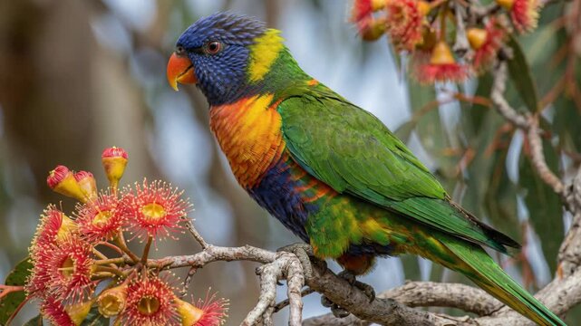 A stunning close-up of a vibrant Rainbow Lorikeet perched on a eucalyptus branch, surrounded by bright red and yellow blossoms during daylight