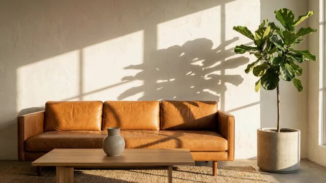 A warm amber leather sofa sits in a sunlit room. A fiddle leaf fig plant and textured rug complement the scene, with dramatic window shadows creating