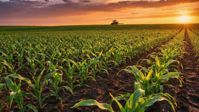 Expansive view of a lush green cornfield during a vibrant golden hour sunset. A lone tractor is visible in the distance, working the land under a