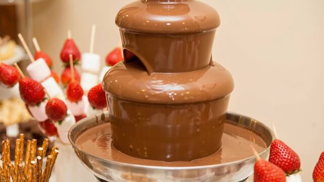 A decadent chocolate fountain cascades warm milk chocolate for dipping fruits and treats like strawberries marshmallows and pretzel sticks at a