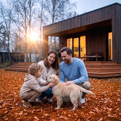 Family enjoys evening time with puppy in backyard during fall