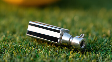 A silver referee whistle with black and white stripes lays on green artificial turf in the evening sun, creating a crisp and detailed photo of the sporting equipment.