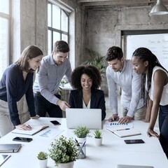 Team members discuss project ideas in office during work hours