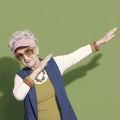 Senior woman posing in colorful attire with green background