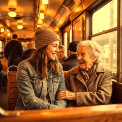 Smiling women share stories on a train during a rainy day