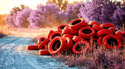 Red tires stacked by a dirt road in a colorful landscape
