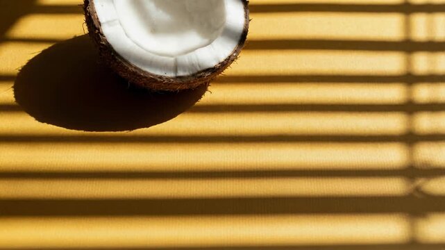 A single halved coconut rests on a vibrant yellow surface, casting a soft shadow. Natural light creates distinct striped patterns across the scene