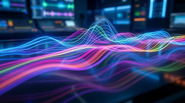 Vibrant abstract visualization of sound waves in neon colors glowing on a dark control room table with blurred data screens in the background science