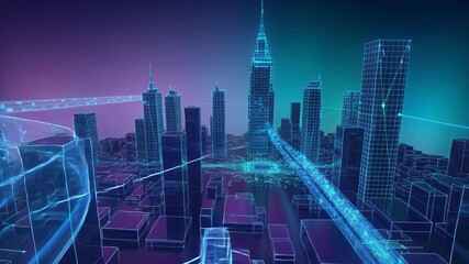 Abstract digital cityscape with vibrant blue data streams flowing between illuminated skyscrapers creating a futuristic network connection concept - Powered by Adobe