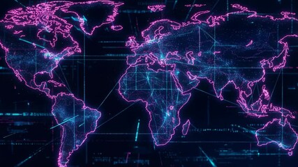 Abstract visualization of a digital world map glowing with pink and blue lights representing global network connections data flow and futuristic - Powered by Adobe