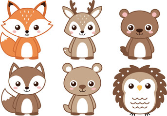 Fototapeta premium Whimsical Woodland Animals Illustration Set. Cute Woodland Animal Art Collection. Playful Woodland Animals Design Set. Forest Animals Whimsical Illustration. Charming Woodland Animal Artwork Set