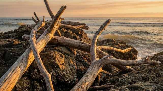 Golden hour sunset illuminates a rocky beach, featuring weathered driftwood and gentle ocean waves creating a serene natural landscape
