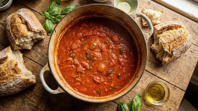A rustic overhead shot of a Dutch oven filled with hearty tomato stew, surrounded by crusty bread and fresh basil. Natural window light illuminates