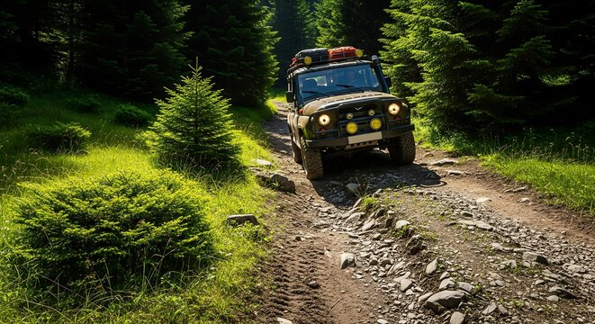 Off-road vehicle on a rocky path in a forest with bright green trees.