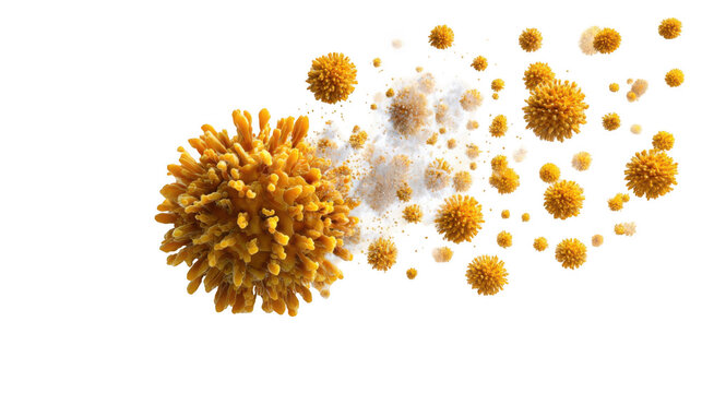 Microscopic view of virus particles flowing through the air, forming a stream of infection, isolated on a transparent background, perfect for scientific or medical visualizations