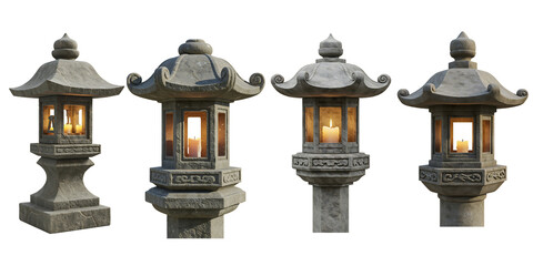 Fototapeta premium An antique Japanese stone lantern stands as a traditional Zen garden decoration, blending ancient Asian architecture and vintage art into a peaceful temple sculpture