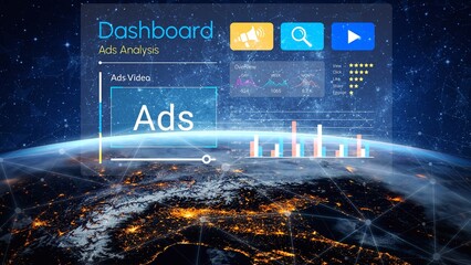 Futuristic Dashboard Displaying Ads Analysis, Data Visualization, and Global Network Concept with Earth Background and Stars in Space Gluon.