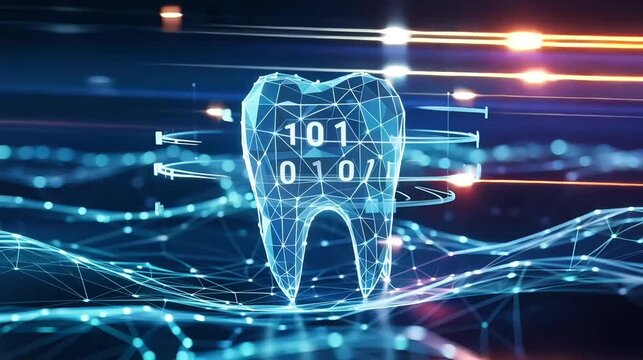 Glowing blue digital wireframe tooth with binary code data
