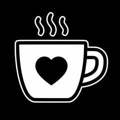 Simple white outline coffee mug cup heart, steam, isolated black background