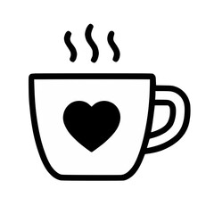 Simple black outline white coffee mug cup heart, steam, isolated transparent background