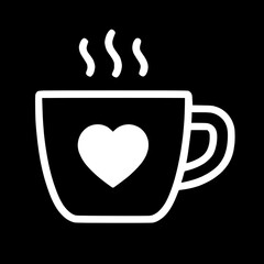 Simple white outline coffee mug cup heart, steam, isolated black background