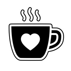 Simple black outline white coffee mug cup heart, steam, isolated transparent background