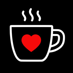 Simple black outline coffee mug cup red heart, steam, isolated white background