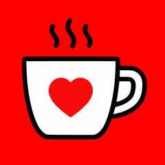 Simple black outline white coffee mug cup heart, steam, isolated red background
