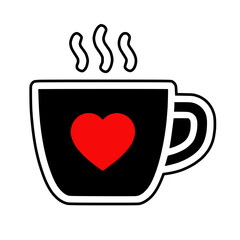 Simple black outline coffee mug cup red heart, steam, isolated white background