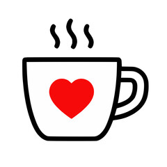 Simple black outline white coffee mug cup red heart, steam, isolated transparent background