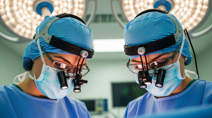 Focused Surgeons Performing Intricate Procedure with High-Tech Surgical Loupes