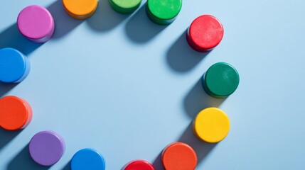 challenge. Colorful board game pieces arranged in a circle on light blue, evoking playful strategy and fun. tutorial guides, club newsletters, designed for tourism and weekend activity guides.
