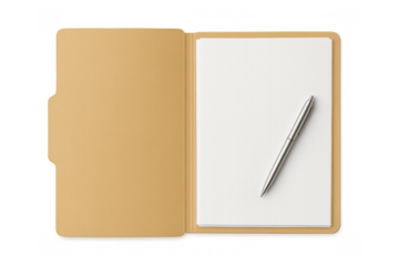 Manila file folder open with blank paper and silver pen inside, organized business document concept on transparent background