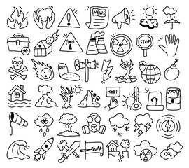 Fototapeta premium Disaster and Emergency Outline Icon Set, Natural Disaster, Warning, Safety, Crisis, Hazard, Evacuation, Emergency Response Doodle Icons
