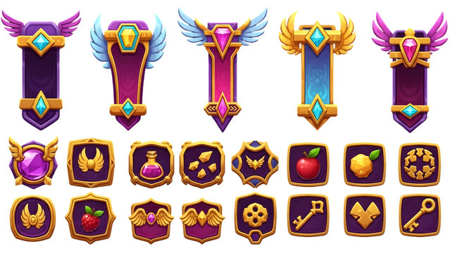 Collection of fantasy slot game icons isolated on transparent background