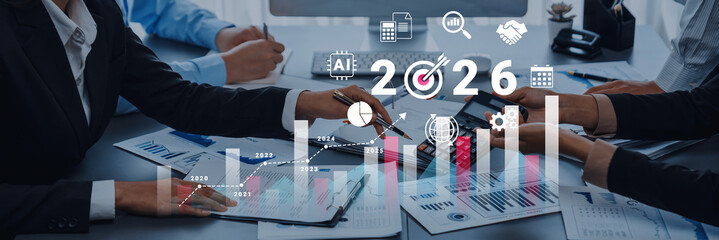 Bar graphs, charts, and number 2026 with AI and data analysis icons symbolizing future business innovation and analytics Parse