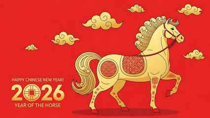 Obraz premium Golden horse with traditional Chinese patterns celebrates the Year of the Horse in 2026 on a red background with clouds.
