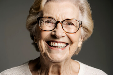 Fototapeta premium Cheerful pretty blonde older woman in elegant glasses looking at camera with beautiful toothy smile, laughing , showing white perfect teeth, posing for elderly female head shot portrait