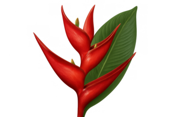 Heliconia flower blooming, vibrant red petals and green leaf on transparent background, symbolizing tropical beauty