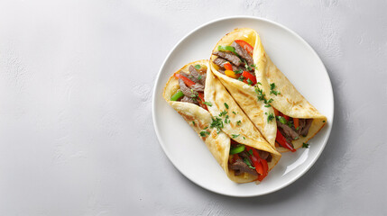 Delicious Fajitas on a Plate: A mouthwatering display of fajitas on a clean plate. These tasty wraps are overflowing with grilled steak and fresh veggies, creating a culinary delight.