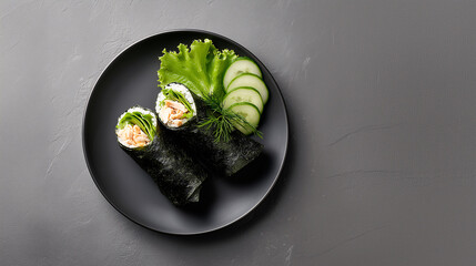 Sushi Rolls Delight: Exquisite sushi rolls, masterfully crafted, presented with artful cucumber slices and vibrant lettuce. A culinary symphony of flavors and textures, ready to be savored.