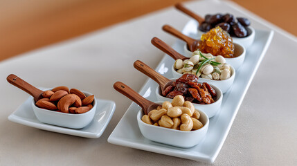 Assorted Delights: A close-up shot of a tray arranged with different bowls of nuts and dried fruits, each elegantly presented, offering a sensory journey of taste and texture.