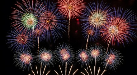 Naklejka premium Vibrant bursts of colorful fireworks illuminate the dark night sky, creating a dazzling spectacle for a festive celebration