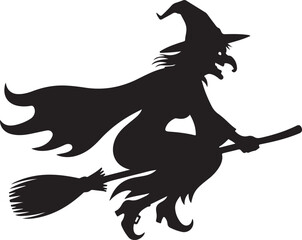 Flying Witch on Broom Silhouette Set &ndash; Halloween Magic Black Vector Icons on White Background.